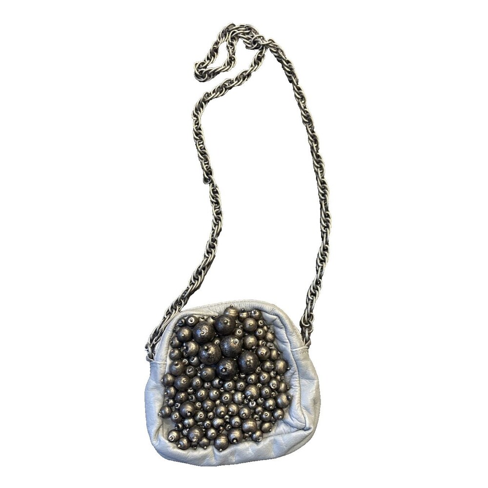 Antik Batik Gray Leather Boho Fashionable Beaded Mini Bag with Chain Strap
